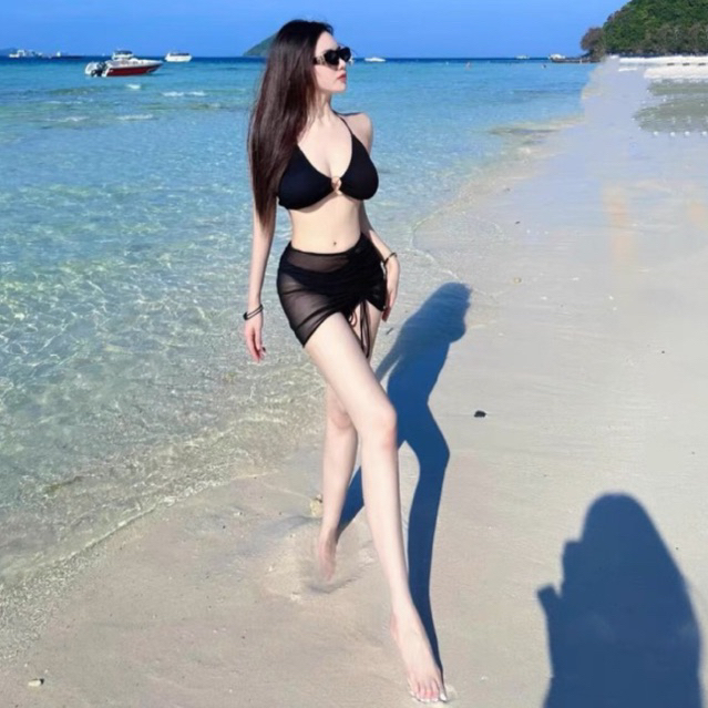 Bikinia 3 mảnh kèm khăn voam ngoài, Đồ bơi nữ nhún ngực khoét lưng khoét ngực siêu sexy