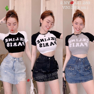 Áo croptop tay raplang xám đen trắng in chữ