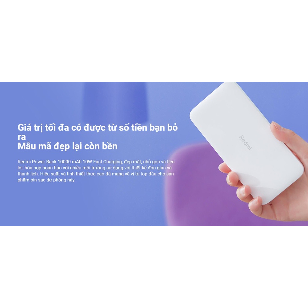 Pin sạc dự phòng Xiaomi Redmi 10000mAh, 2 Cổng Ra Usb, Có Sạc Nhanh, Bảo Hành 12 tháng