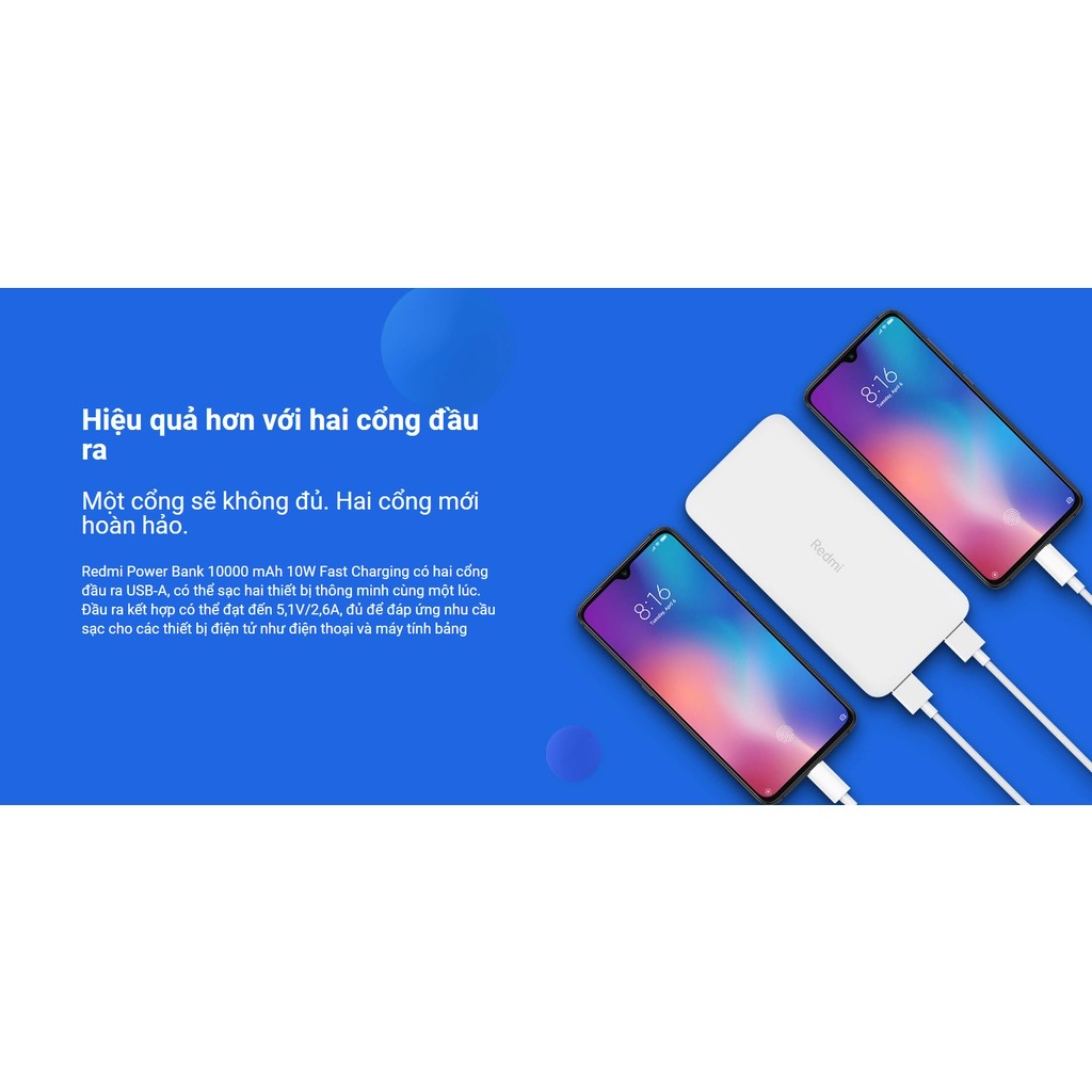 Pin sạc dự phòng Xiaomi Redmi 10000mAh, 2 Cổng Ra Usb, Có Sạc Nhanh, Bảo Hành 12 tháng