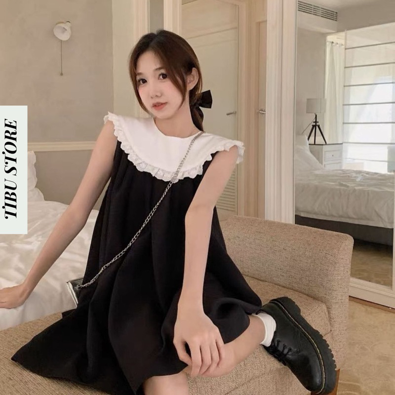 Đầm Babydoll Dáng Chữ A Phối Cổ Bèo Ren TIBU Váy Suông Cộc Tay Dáng Ngắn Màu Đen Trắng Phong Cách Hàn Quốc Đáng Yêu