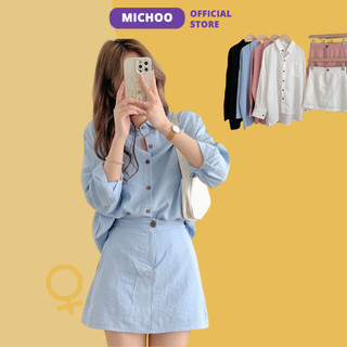 Set Nữ Chất Đũi MICHOO Chân Váy Có Lót Trong Kèm Áo Sơ Mi 4 Màu Sắc
