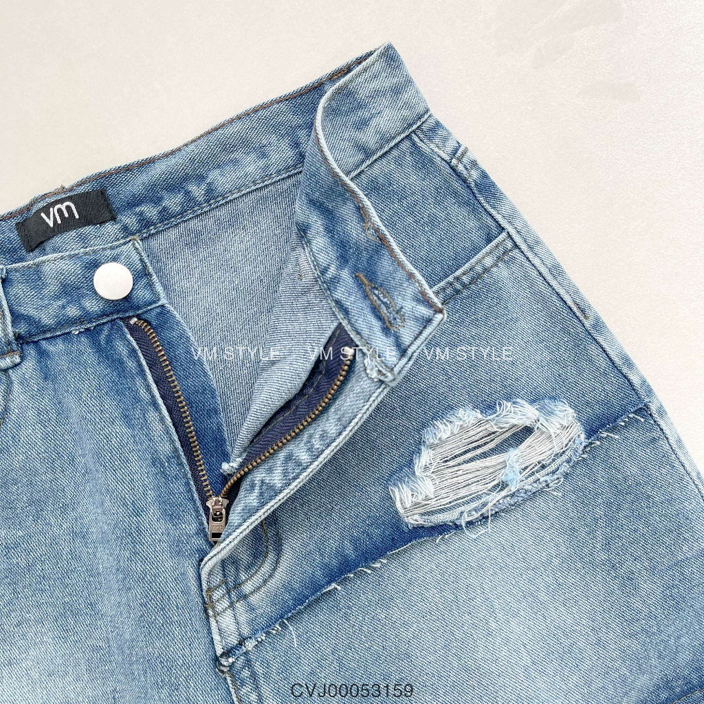 Chân váy jean denim nữ VMSTYLE ngắn cạp cao rách hông kiểu lai thường cá tính - CVJ00052