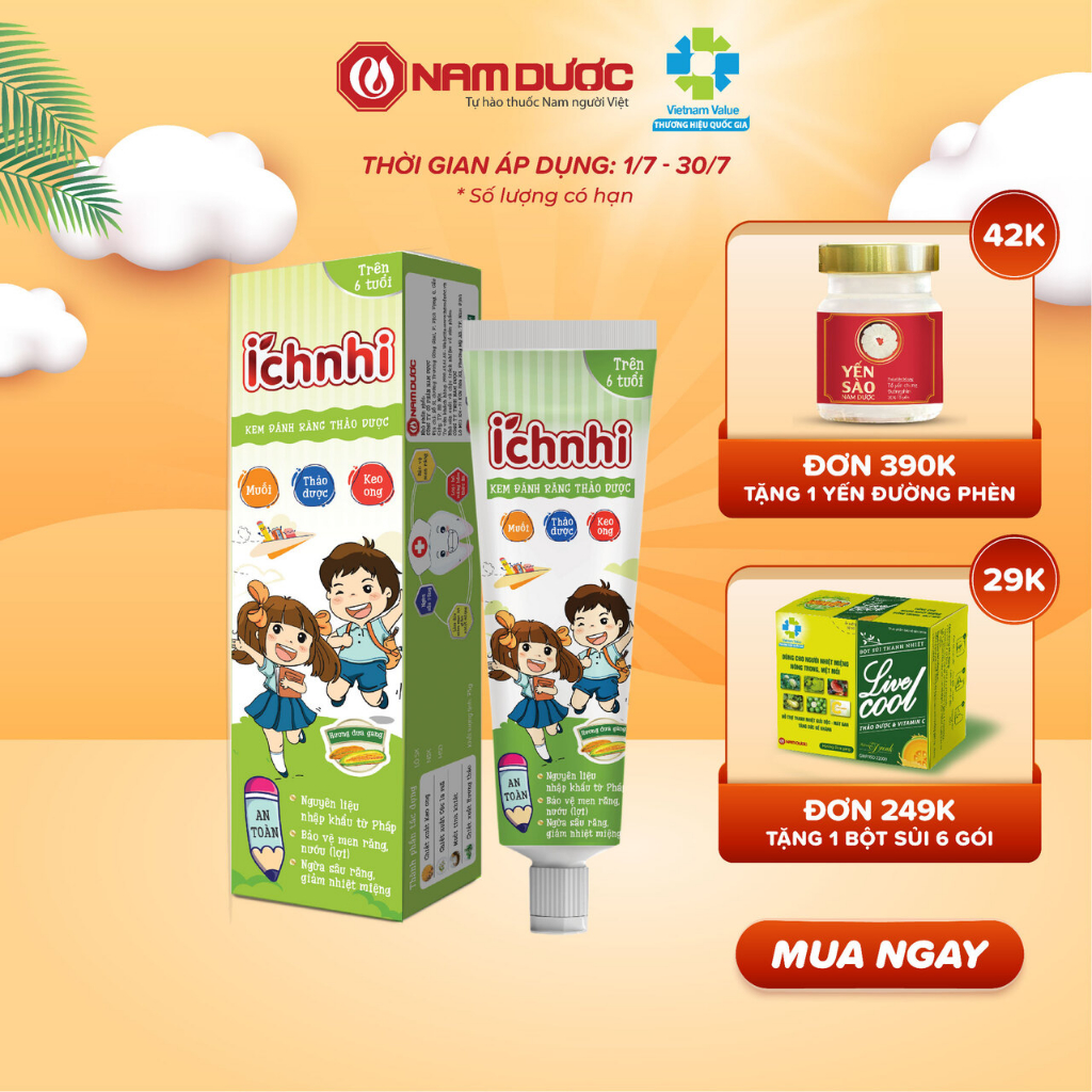 Kem đánh răng thảo dược Ích Nhi hương dưa gang tuýp 75g cho bé trên 6 tuổi bảo vệ men răng, nướu, ngừa sâu răng