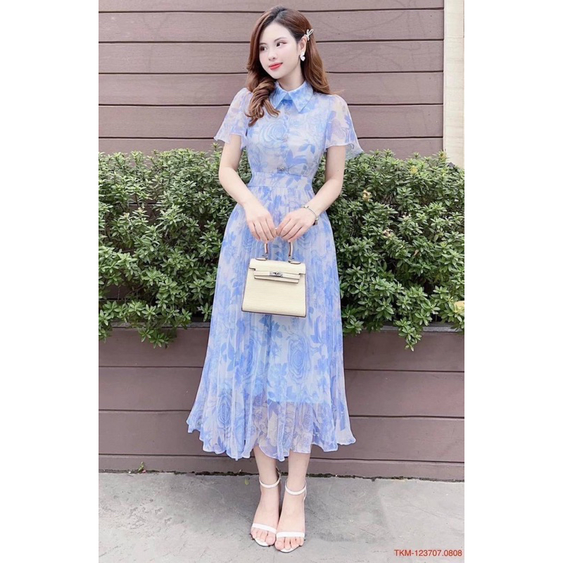 Đầm maxi hoa xanh tay bồng