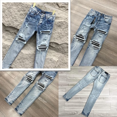 Quần AMIRI Like_Auth Xanh Mài Bạc 4 Khuy Lót Da Nhăn Gối Quần JEAN AMIRI Wash Xanh Khói Rách Đùi Gối Vá Da Nhăn