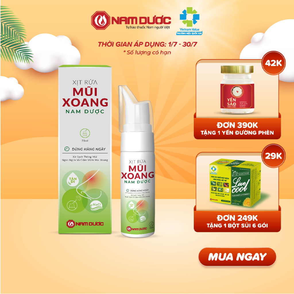 Xịt rửa mũi xoang Nam Dược chai 75ml muối biển và thảo dược giúp xịt sạch, thông mũi, ngăn ngừa và giảm viêm mũi xoang