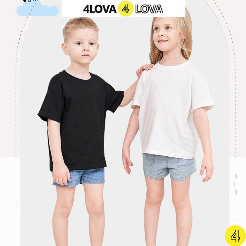 Áo thun trơn cộc tay cho bé trai và gái 4LOVA màu trắng đen chất cotton cao cấp co giãn mềm mại từ 8-28 kg KID186