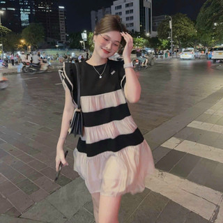 Đầm lụa babydoll bèo tay phối voan ánh tơ ( có phụ kiện ) giúp các nàng tự tin dạo phố