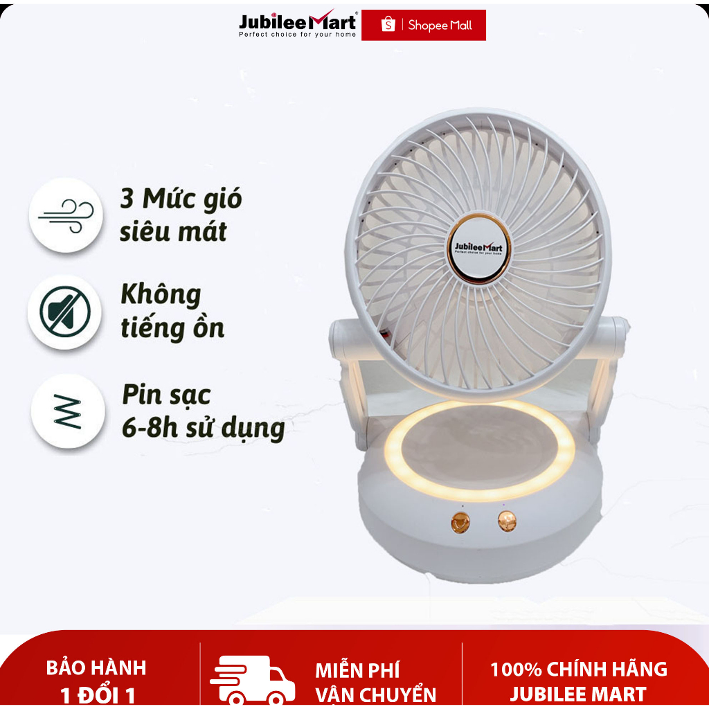 Quạt tích điện mini để bàn Jubilee Mart 2400mAh có đèn LED, 3 chế độ gió xoay 90 độ đầu USB đa năng