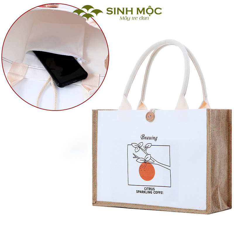 Túi cói vintage, túi chống nước, túi xách đi biển, túi có cúc Sinh Mộc - M3044