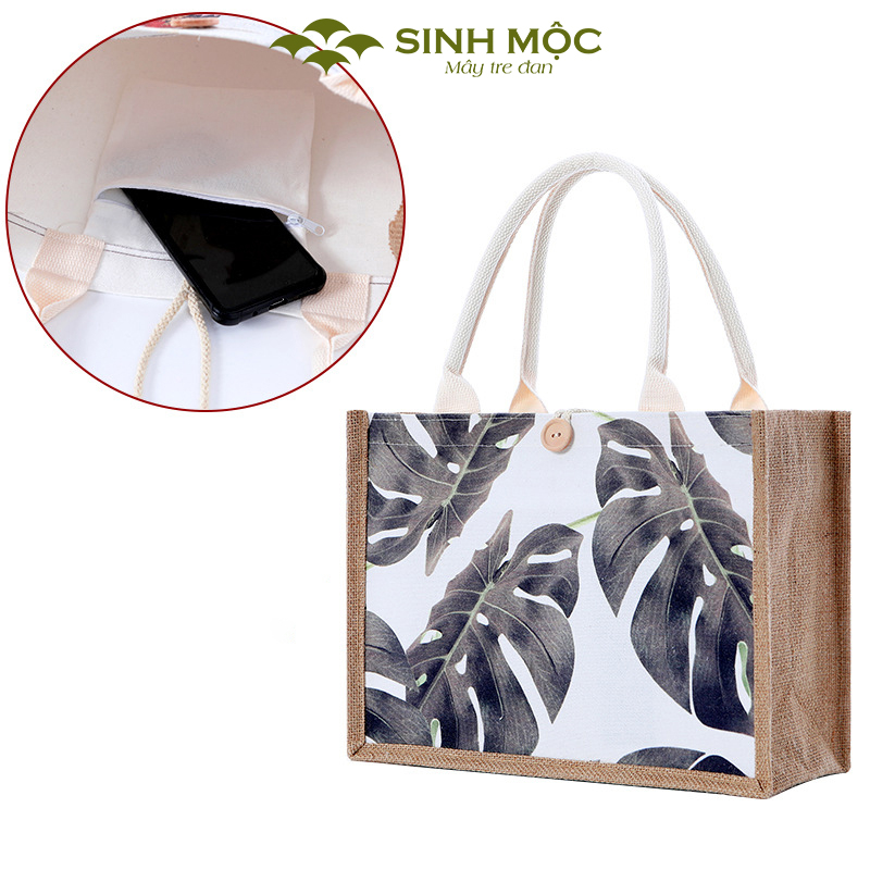 Túi cói vintage, túi chống nước, túi xách đi biển, túi có cúc Sinh Mộc - M3044