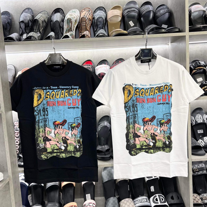 Áo phông nam nữ Premium Cotton in chữ DSQ2 nháy hình 3D đen trắng cổ bo dày dặn đẹp