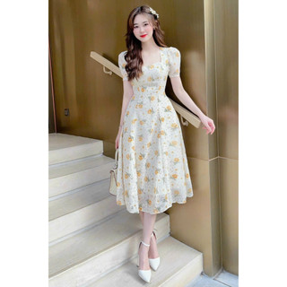 Đầm voan cột nơ cổ hoạ tiết in hoa siêu xinh thiết kế trẻ trung, tôn dáng tốt