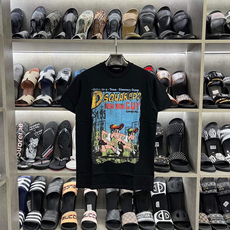 Áo phông nam nữ Premium Cotton in chữ DSQ2 nháy hình 3D đen trắng cổ bo dày dặn đẹp