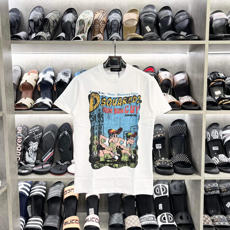 Áo phông nam nữ Premium Cotton in chữ DSQ2 nháy hình 3D đen trắng cổ bo dày dặn đẹp