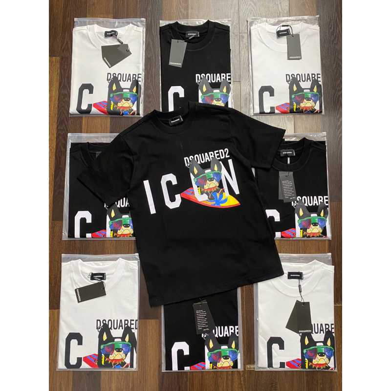 Áo phông nam nữ Premium Cotton in chữ DSQ2 nháy hình 3D crig dog đen trắng cổ bo dày dặn đẹp