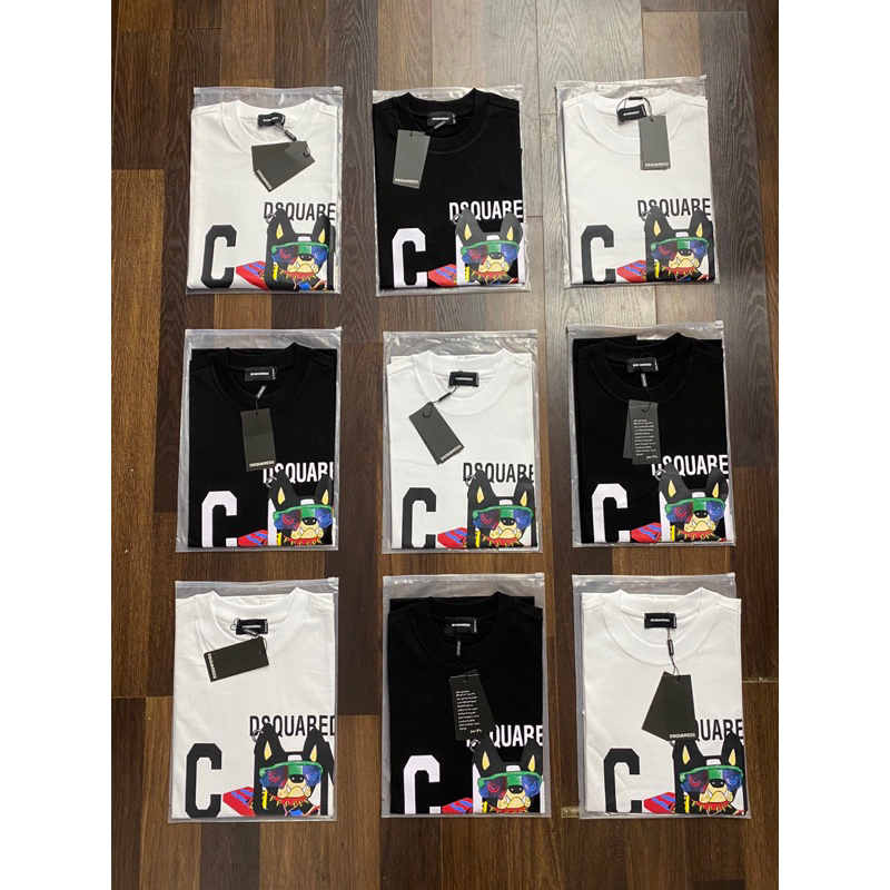 Áo phông nam nữ Premium Cotton in chữ DSQ2 nháy hình 3D crig dog đen trắng cổ bo dày dặn đẹp