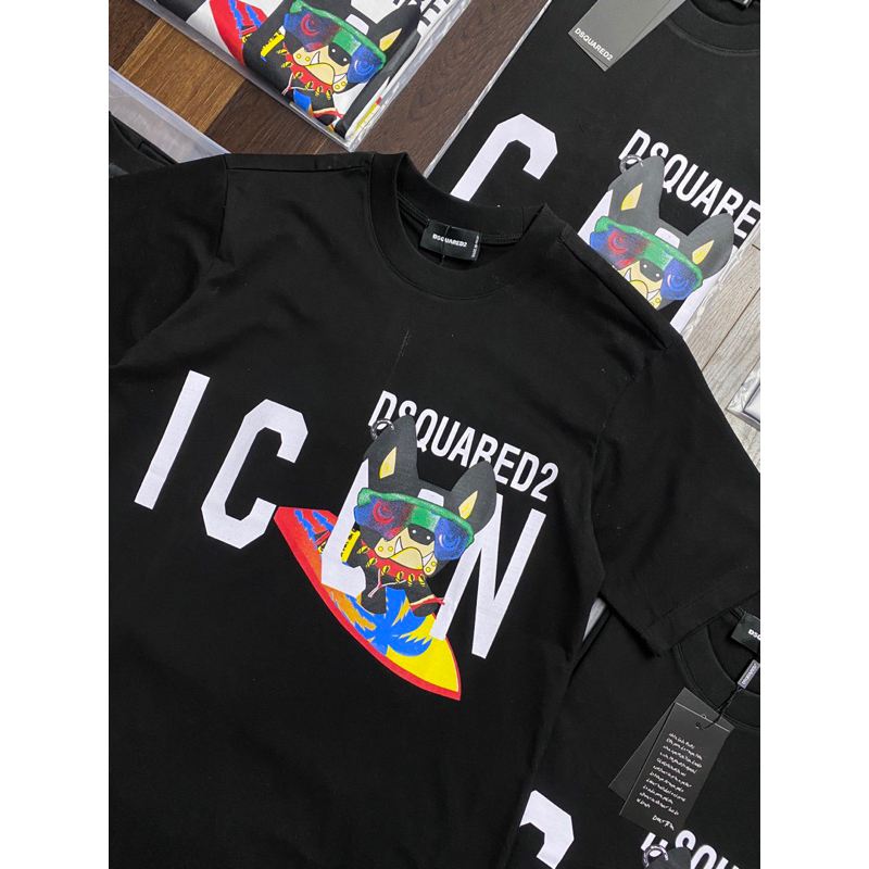 Áo phông nam nữ Premium Cotton in chữ DSQ2 nháy hình 3D crig dog đen trắng cổ bo dày dặn đẹp