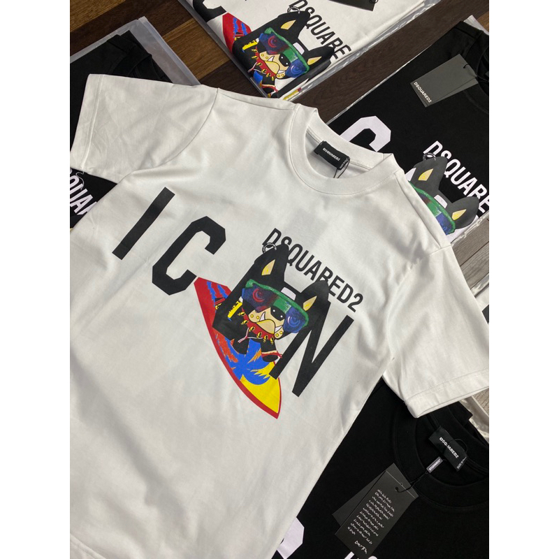 Áo phông nam nữ Premium Cotton in chữ DSQ2 nháy hình 3D crig dog đen trắng cổ bo dày dặn đẹp