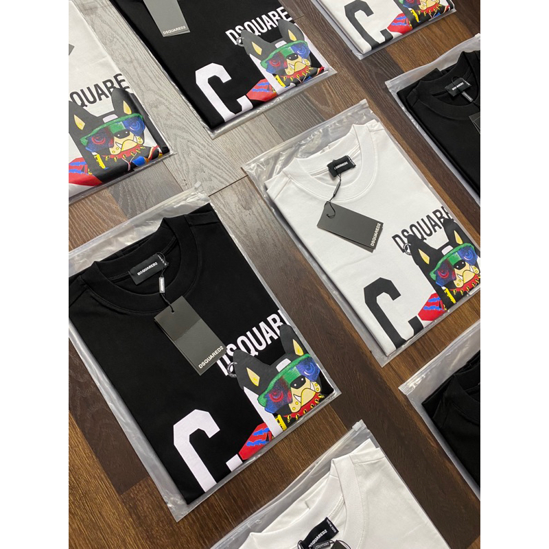 Áo phông nam nữ Premium Cotton in chữ DSQ2 nháy hình 3D crig dog đen trắng cổ bo dày dặn đẹp