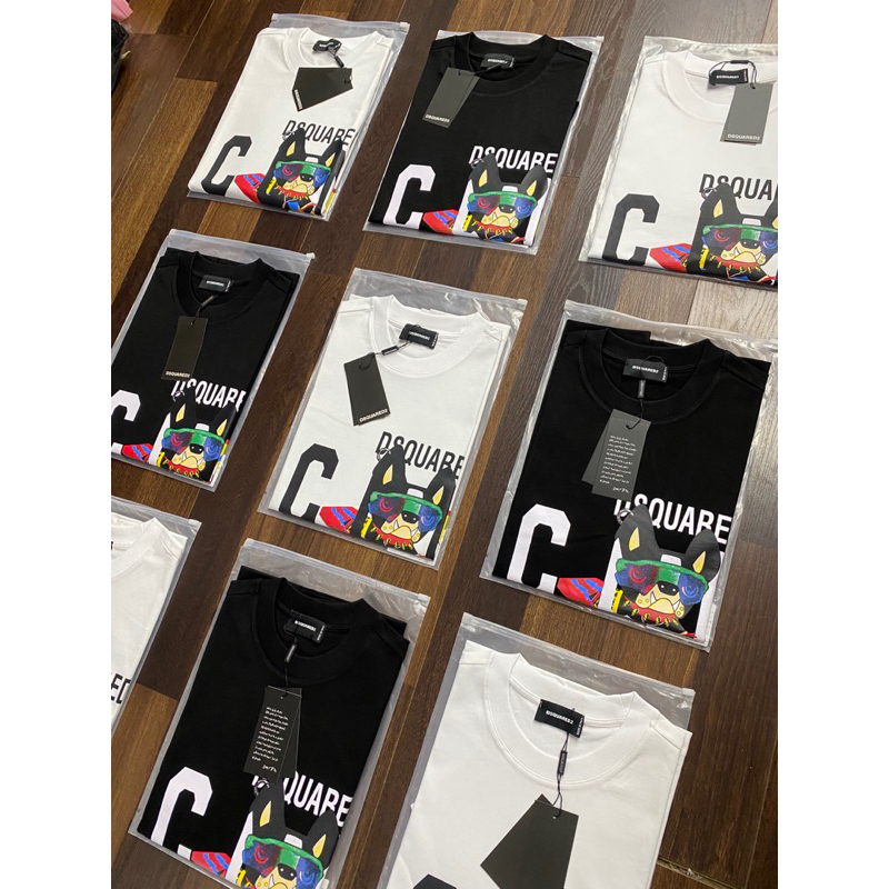 Áo phông nam nữ Premium Cotton in chữ DSQ2 nháy hình 3D crig dog đen trắng cổ bo dày dặn đẹp