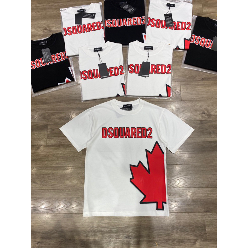 Áo phông nam nữ Premium Cotton in chữ DSQ2 nháy hình lá phong đỏ đen trắng cổ bo dày dặn đẹp