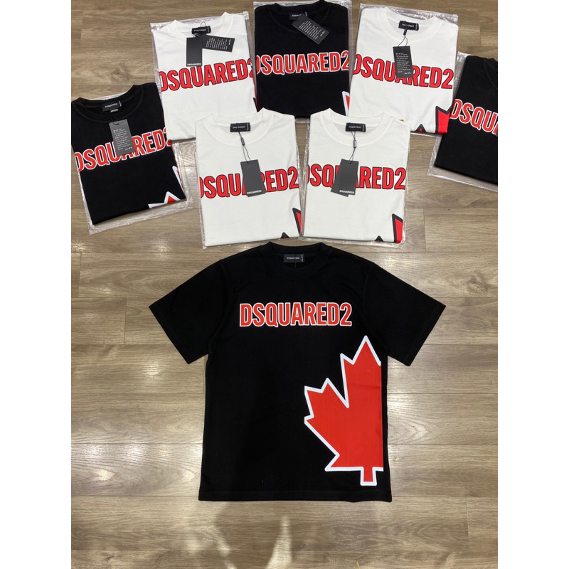 Áo phông nam nữ Premium Cotton in chữ DSQ2 nháy hình lá phong đỏ đen trắng cổ bo dày dặn đẹp