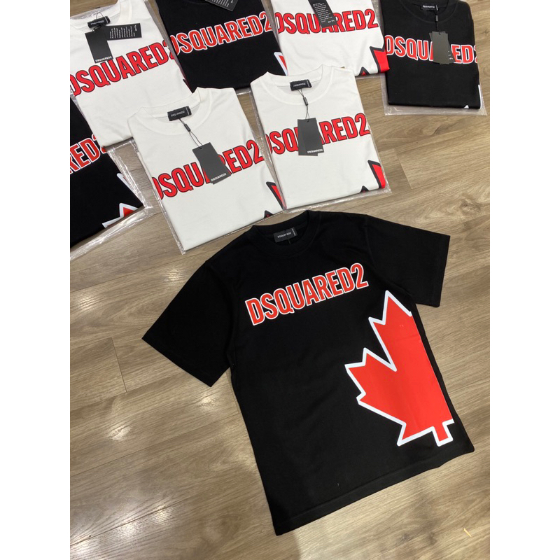 Áo phông nam nữ Premium Cotton in chữ DSQ2 nháy hình lá phong đỏ đen trắng cổ bo dày dặn đẹp