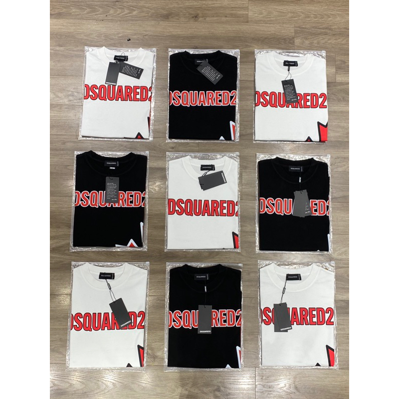 Áo phông nam nữ Premium Cotton in chữ DSQ2 nháy hình lá phong đỏ đen trắng cổ bo dày dặn đẹp