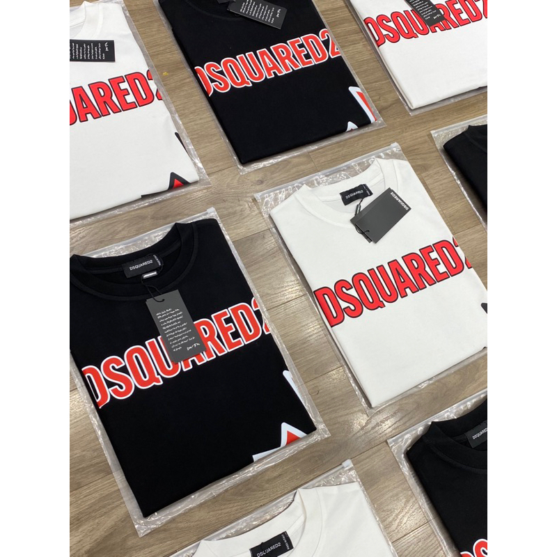 Áo phông nam nữ Premium Cotton in chữ DSQ2 nháy hình lá phong đỏ đen trắng cổ bo dày dặn đẹp