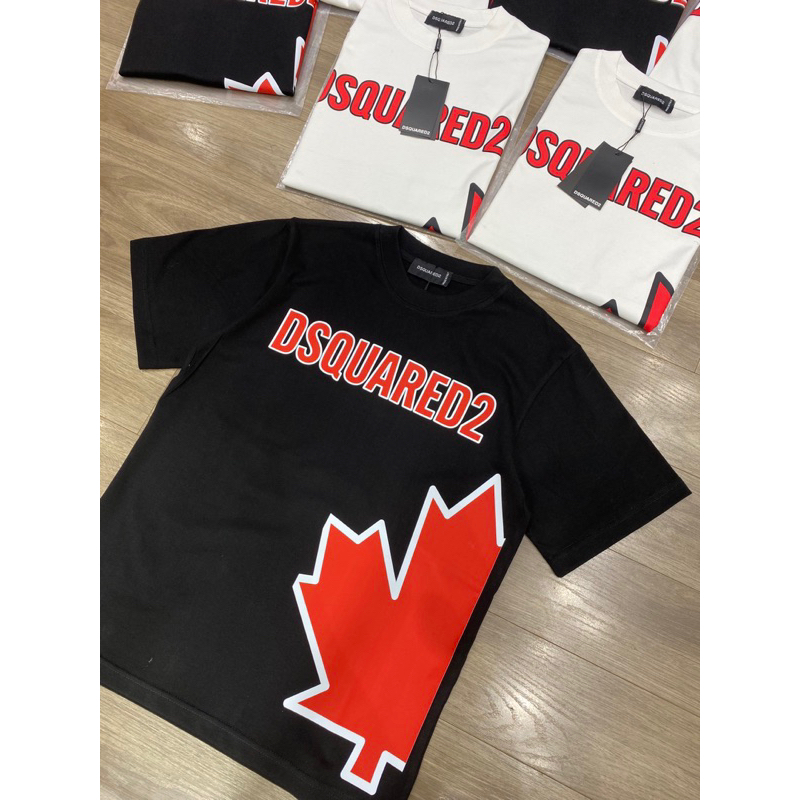 Áo phông nam nữ Premium Cotton in chữ DSQ2 nháy hình lá phong đỏ đen trắng cổ bo dày dặn đẹp