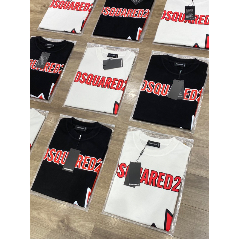 Áo phông nam nữ Premium Cotton in chữ DSQ2 nháy hình lá phong đỏ đen trắng cổ bo dày dặn đẹp