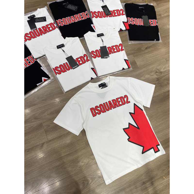 Áo phông nam nữ Premium Cotton in chữ DSQ2 nháy hình lá phong đỏ đen trắng cổ bo dày dặn đẹp