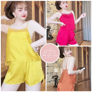 Set đồ ngủ lụa hàn mềm mát nơ ngực dễ thương áo 2 dây quần đùi