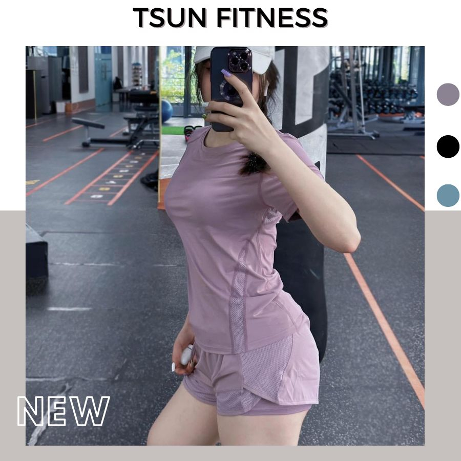 Đồ tập gym nữ quần đùi 2 lớp phối lưới, bộ thun lạnh tập gym hàng Quảng Châu Tsun Fitness
