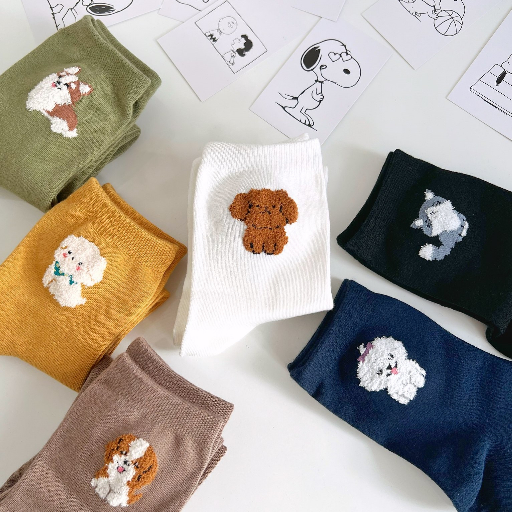 Tất vớ nữ cổ cao FLUFFY PUPPY, họa tiết cún bông xù - Nhập khẩu Hàn Quốc