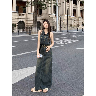 Váy denim không tay phong cách retro Hồng Kông nữ mùa hè by Moe Order