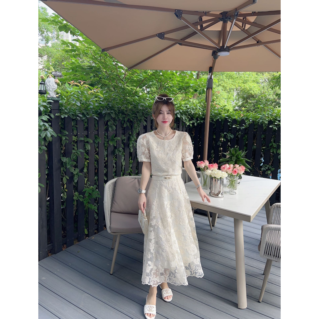 Set áo thun kèm chân váy dài thời trang cao cấp thương hiệu nổi tiếng thiết kế hoạ tiết hoa tiểu thư, nữ tính