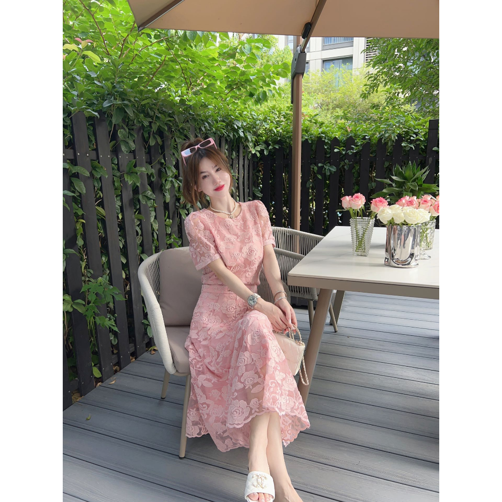 Set áo thun kèm chân váy dài thời trang cao cấp thương hiệu nổi tiếng thiết kế hoạ tiết hoa sang trọng, tiểu thư