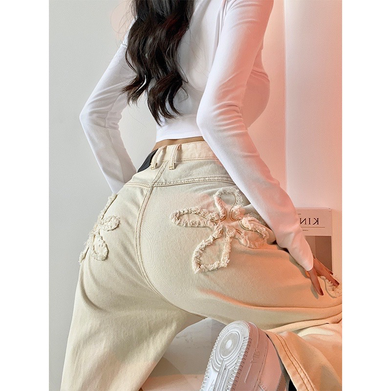 Quần jean ống rộng lưng cao màu kem dáng dài siêu hack dáng quảng châu hoạ tiết hoa