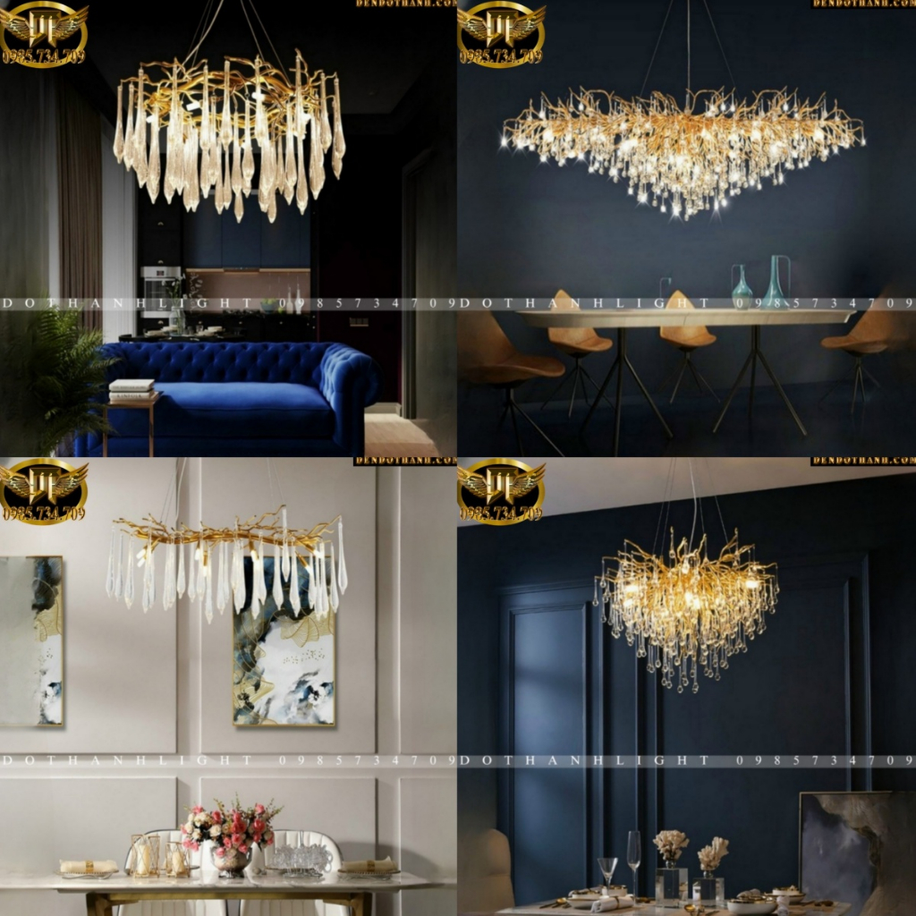 Đèn thả bàn ăn serip hình cành lá độc lạ, giọt thuỷ tinh deco độc lạ cao cấp phale k9 khung hợp kim đèn led 3 chế độ DTL