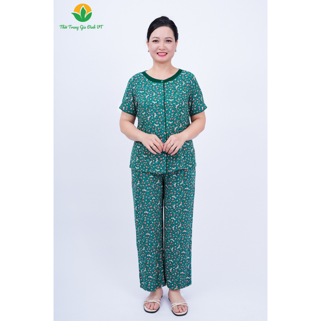 Đồ mặc nhà trung niên xuân hè Việt Thắng quần dài, áo cộc tay chất Lanh - B08.2306
