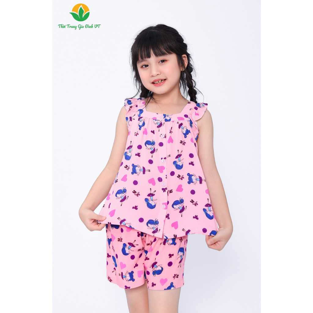 Bộ mặc nhà quần đùi áo cộc tay bé gái Việt Thắng chất lanh họa tiết B62.2308
