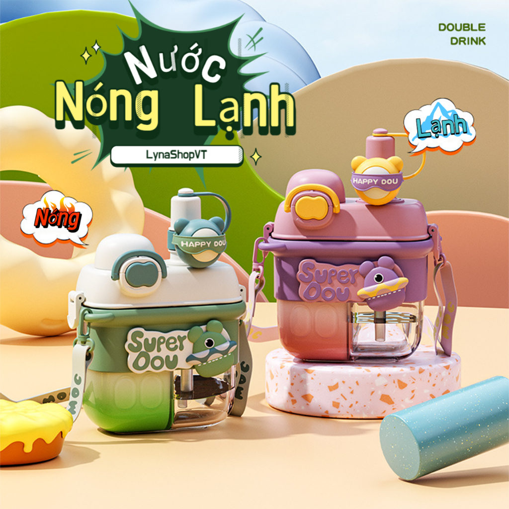 Bình Nước 2 Ngăn Cute Cho Bé,  Bình đựng nước chia ngăn có quai đeo kèm ống hút, Sticker 3D 2023 NEW