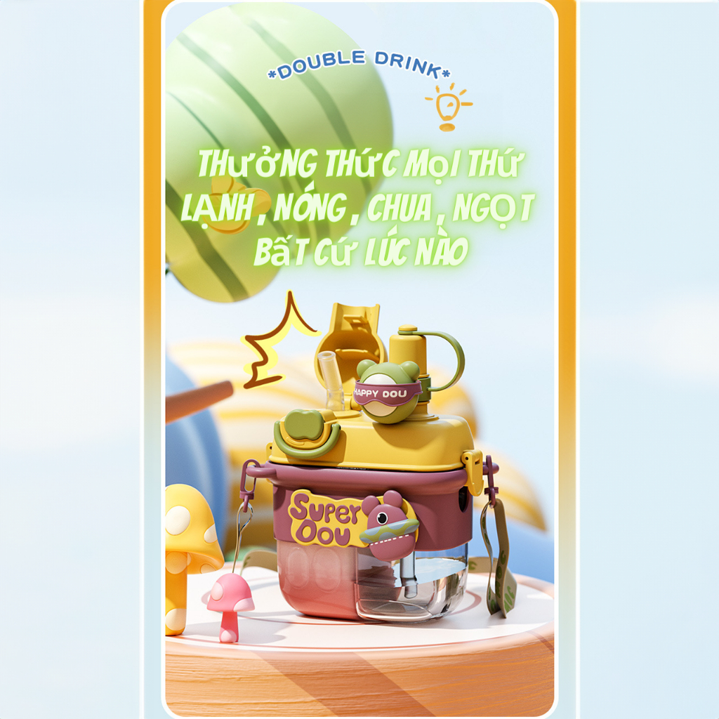 Bình Nước 2 Ngăn Cute Cho Bé,  Bình đựng nước chia ngăn có quai đeo kèm ống hút, Sticker 3D 2023 NEW