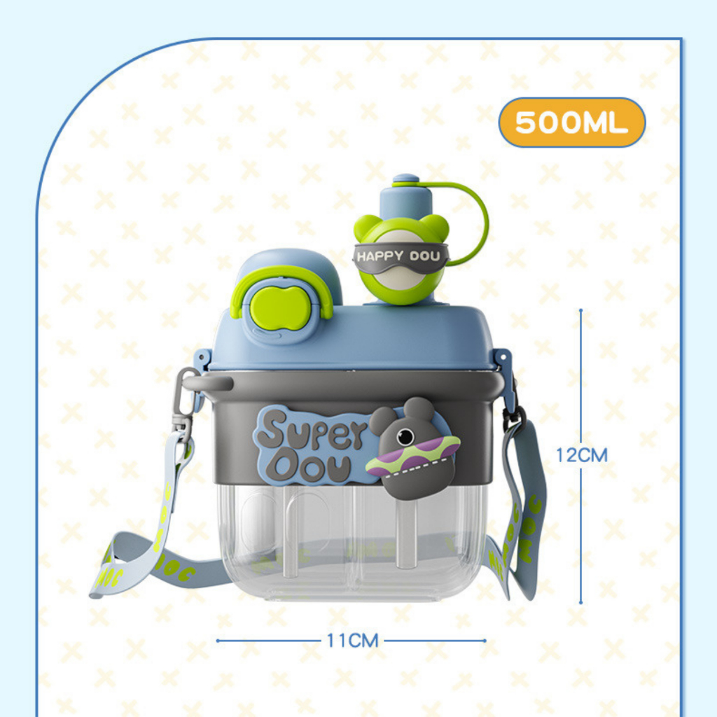 Bình Nước 2 Ngăn Cute Cho Bé,  Bình đựng nước chia ngăn có quai đeo kèm ống hút, Sticker 3D 2023 NEW