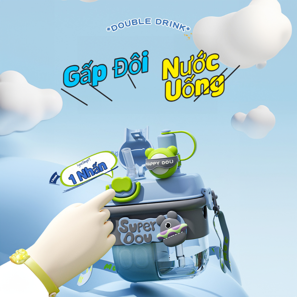 Bình Nước 2 Ngăn Cute Cho Bé,  Bình đựng nước chia ngăn có quai đeo kèm ống hút, Sticker 3D 2023 NEW
