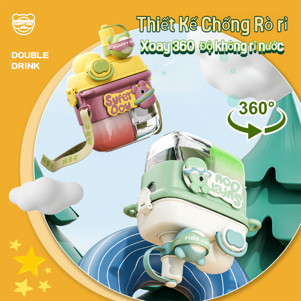Bình Nước 2 Ngăn Cute Cho Bé,  Bình đựng nước chia ngăn có quai đeo kèm ống hút, Sticker 3D 2023 NEW