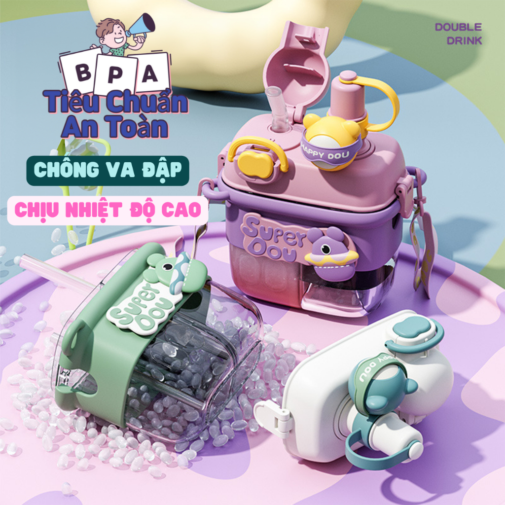 Bình Nước 2 Ngăn Cute Cho Bé,  Bình đựng nước chia ngăn có quai đeo kèm ống hút, Sticker 3D 2023 NEW